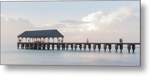 Bay Metal Print featuring the photograph Panorama of sunrise over Hanalei Pier on Kauai by Steven Heap