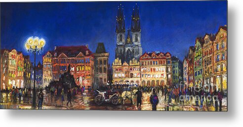 Pastel Metal Print featuring the painting Prague Old Town Square Night Light by Yuriy Shevchuk