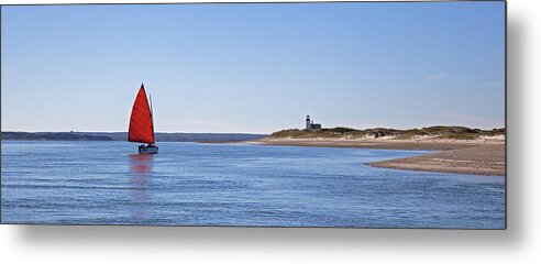 Sail Metal Print featuring the photograph Ripple Catboat with Red Sail and Lighthouse by Charles Harden