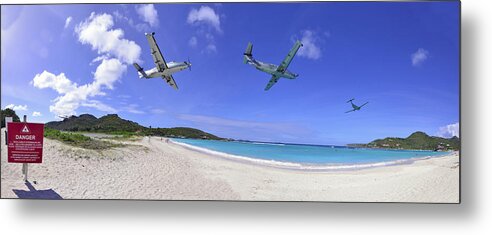 Airplane Metal Print featuring the photograph St Barts Takeoff Pano by Matt Swinden