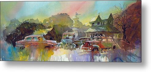 Rusty Old Cars Metal Print featuring the painting Derelicts on Duty by Ron Morrison