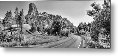Black And White Metal Print featuring the photograph Devils Tower Road Panorama - Black And White by Adam Jewell