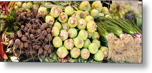 Root Vegetables Metal Print featuring the photograph Root Display at Farmers Market by Kae Cheatham