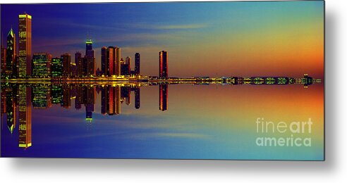 Between Metal Print featuring the photograph Between Night and Day chicago skyline mirrored by Tom Jelen