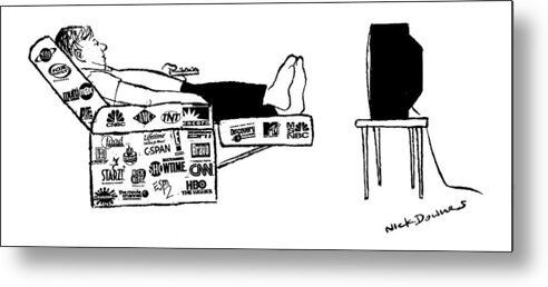 'network Tourist'(man Sitting In Recliner With Tv Logo Decals All Over It Watching Television.) Travel Metal Print featuring the drawing 'network Tourist' by Nick Downes