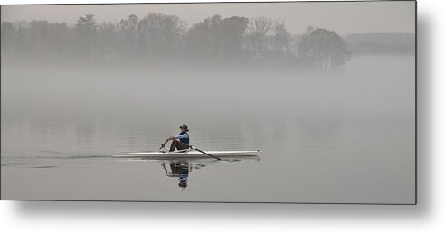 Red Bank Metal Print featuring the photograph Rowing Into Morning Fog by Gary Slawsky