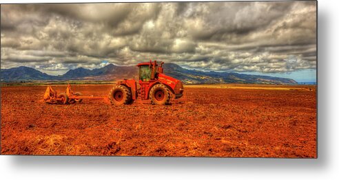 Reid Callaway Dole Pineapple Plantation Farming Images Metal Print featuring the photograph Oahu Hi Endless Plowing Case IH Steiger 500 HD Tractor Panorama Dole Plantation Landscape Art by Reid Callaway