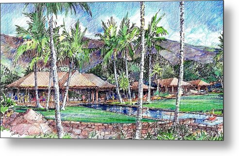 Hawaiian Architecture Metal Print featuring the drawing Kukio Estate by Andrew Drozdowicz