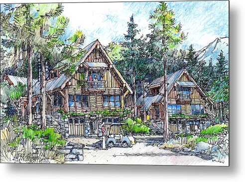 Mountain Rustic Architecture Metal Print featuring the drawing Rustic Cabins by Andrew Drozdowicz