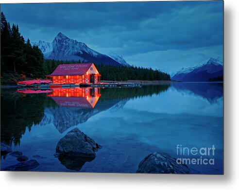 Boat House Metal Print featuring the photograph Maligne Lake Boat House Before Dawn by Dan Jurak
