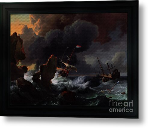 Ships In Distress Off A Rocky Coast Metal Print featuring the painting Ships In Distress Off A Rocky Coast by Ludolf Bakhuizen Classical Art Reproduction by Rolando Burbon