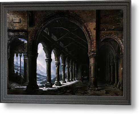 A Ruined Gothic Colonnade Metal Print featuring the painting A Ruined Gothic Colonnade by Louis Daguerre by Rolando Burbon