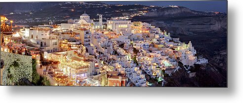 Greek Culture Metal Print featuring the photograph Dusk At Thira In Santorini, Greece by David Clapp