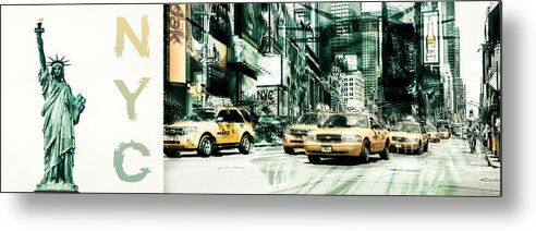 Nyc Metal Print featuring the photograph NYC-Yellow Cabs and Lady Liberty 3x1- 2 by Hannes Cmarits