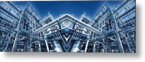 Fuel Metal Print featuring the photograph Oil Refinery Panoramic Mirror Image by Christian Lagereek