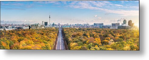 Scenics Metal Print featuring the photograph wide Berlin skyline over autumn colored Tiergarten by Golero