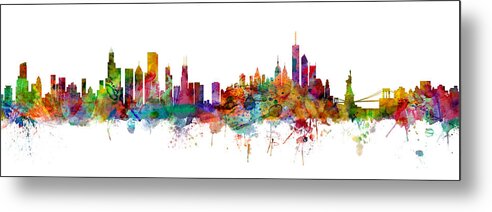 Chicago Metal Print featuring the digital art Chicago And New York City Skylines Mashup by Michael Tompsett