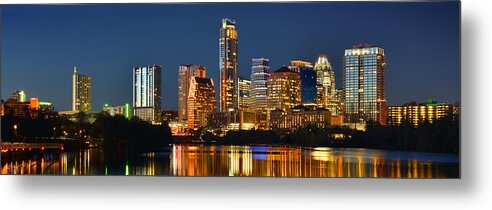 Austin Skyline Metal Print featuring the photograph Austin Skyline at Night Color Panorama Texas by Jon Holiday