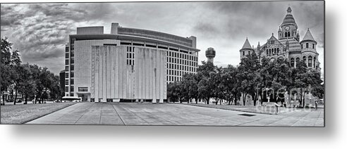 Dallas Metal Print featuring the photograph Black and White Panorama of JFK Memorial and Old Red Museum - Dallas Texas by Silvio Ligutti