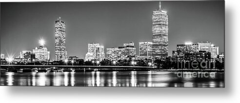 America Metal Print featuring the photograph Boston Skyline at Night Black and White Panorama Picture by Paul Velgos