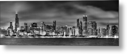 Chicago Skyline Metal Print featuring the photograph Chicago Skyline at NIGHT black and white by Jon Holiday