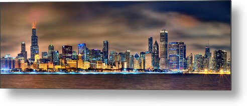 Chicago Metal Print featuring the photograph Chicago Skyline at NIGHT Panorama Color 1 to 3 Ratio by Jon Holiday