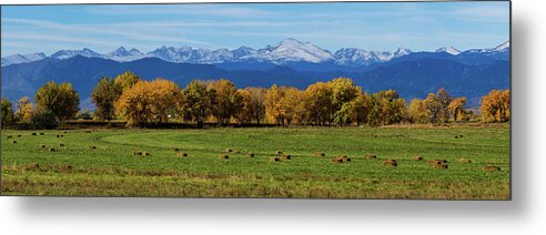 Farms Metal Print featuring the photograph Colorado Rocky Mountain Autumn Hay Harvest Panorama by James BO Insogna