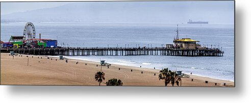 Santa Monica Pier Panorama Metal Print featuring the photograph Ferris Wheel and Santa Monica Pier - Panorama by Gene Parks