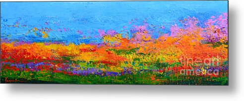 Abstract Field Of Wildflowers Metal Print featuring the painting Abstract Field of WildFlowers, Modern Art Palette Knife by Patricia Awapara