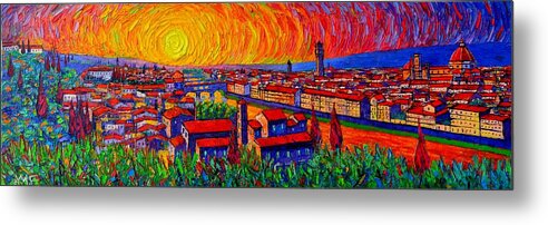 Florence Metal Print featuring the painting FLORENCE PANORAMA AT SUNSET impressionist knife oil painting Italy abstract city Ana Maria Edulescu by Ana Maria Edulescu