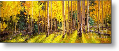 Golden Aspen In The Light Aspen Trees Birch Gary Kim Oil Print Art Nature Scenes Healing Environment Patient Santa Fe Fall Trees Autumn Season Beautiful Beauty Yellow Red Orange Fall Leaves Foliage Autumn Leaf Color Mountain Oil Painting Original Art Horizontal Landscape National Park America Morning Nature Wallpaper Outdoor Panoramic Peaceful Scenic Sky Sun Travel Vacation View Season Bright Autumn National Park America Clouds Landscape Natural New Painting Oil Original Vibrant Texture Bluesky Metal Print featuring the painting Golden Aspen in the Light by Gary Kim
