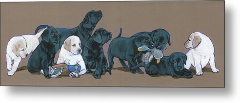 Labrador Retriever Metal Print featuring the painting Nine Lab Puppies by Nadi Spencer