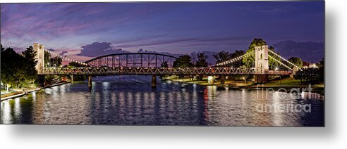 Downtown Metal Print featuring the photograph Panorama of Waco Suspension Bridge Over the Brazos River at Twilight - Waco Central Texas by Silvio Ligutti