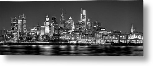 Philadelphia Skyline At Night Metal Print featuring the photograph Philadelphia Philly Skyline at Night from East Black and White BW by Jon Holiday