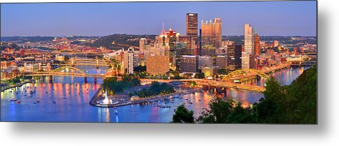 Pittsburgh Skyline Metal Print featuring the photograph Pittsburgh Pennsylvania Skyline at Dusk Sunset Panorama by Jon Holiday