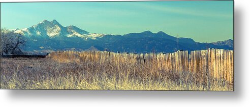 Mountains Rocky Mountains Metal Print featuring the photograph Rocky Mountain Twin Peaks Wood Fence View by James BO Insogna