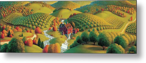 Fall Panorama Autumn Landscape Cider Mill Rural Scenes Apple Orchards Wysocki Like Orchards Prints Babbling Brooks Rolling Hills Fall Paintings Fall Scene Seasonal Paintings Seasonal Prints Fall Paintings Fall Prints Regionalism Grant Wood Folk Painting Folk Realism Painting Americana Prints Americana Paintings Stone Bridge Country Paintings Country Roads Acrylic Paintings Autumn Paintings Nostalgic Paintings Seasonal Paintings Metal Print featuring the painting The Cider Mill by Robin Moline