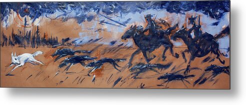 Hunting Scene Metal Print featuring the painting White wolf hunt by Maxim Komissarchik