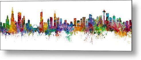 Seattle Metal Print featuring the digital art Chicago and Seattle Skylines Mashup by Michael Tompsett