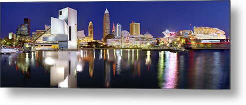 Cleveland Skyline Metal Print featuring the photograph Cleveland Skyline at Dusk Rock Roll Hall Fame by Jon Holiday
