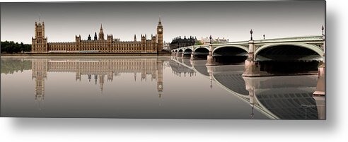 Houses Of Parliament Big Ben Westminster Bridge Reflections London Sepia Metal Print featuring the digital art Houses of Parliament Westminster Bridge Reflections London Sepia by Joe Tamassy