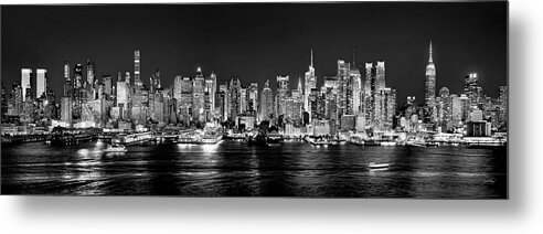 #faatoppicks Metal Print featuring the photograph New York City NYC Skyline Midtown Manhattan at Night Black and White by Jon Holiday