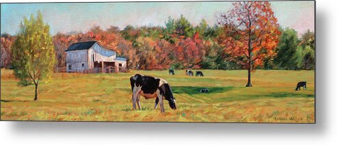 Cow Metal Print featuring the painting October Sunshine - Dairy Farm in Autumn by Bonnie Mason
