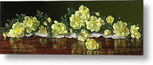 Yellow Roses On A Hardwood Table Metal Print featuring the painting Old Fashioned Roses by Christopher Pierce
