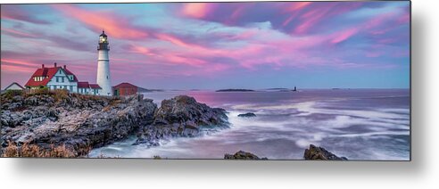 America Metal Print featuring the photograph Portland Head Light at Sunset Panorama - Cape Elizabeth Maine by Gregory Ballos