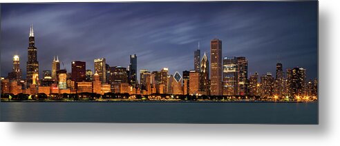 3scape Metal Print featuring the photograph Chicago Skyline at Night Color Panoramic by Adam Romanowicz