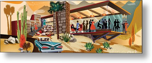 Mid Century Metal Print featuring the digital art Mid Century Modern Desert Cliff House Panorama by Diane Dempsey