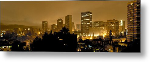 Corporate Business Metal Print featuring the photograph Oakland skyline in fog at night by Thomas Winz