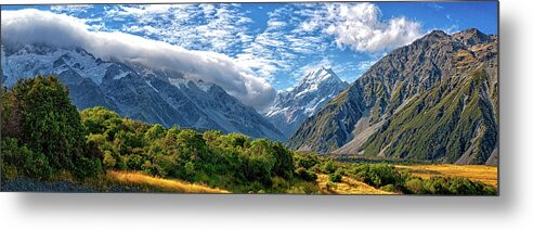 Beauty In Nature Metal Print featuring the painting Spectacular Aoraki Mount Cook Summit in New Zealand's Alpine Landscape by Lena Owens - OLena Art Vibrant Palette Knife and Graphic Design