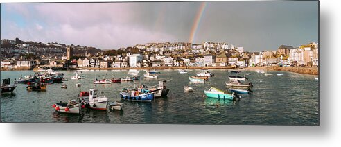 Coast Metal Print featuring the photograph St Ives Fishing Boats and Harbour Rainbow cornwall by Sonny Ryse
